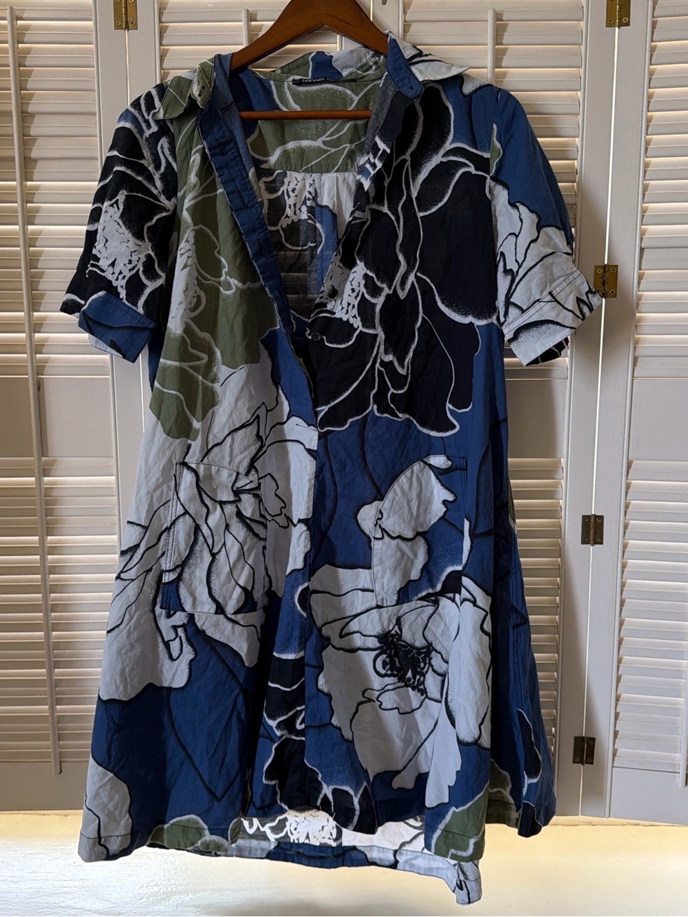 Blue Floral Button-Front Cotton Tunic Dress